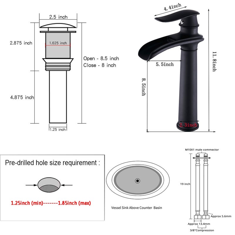 GGStudy Black Bathroom Faucet GGStudy Single Handle One Hole Farmhouse Waterfall Bathroom Vessel Sink Faucet Matte Black Matching with Pop Up Drain - Image 2